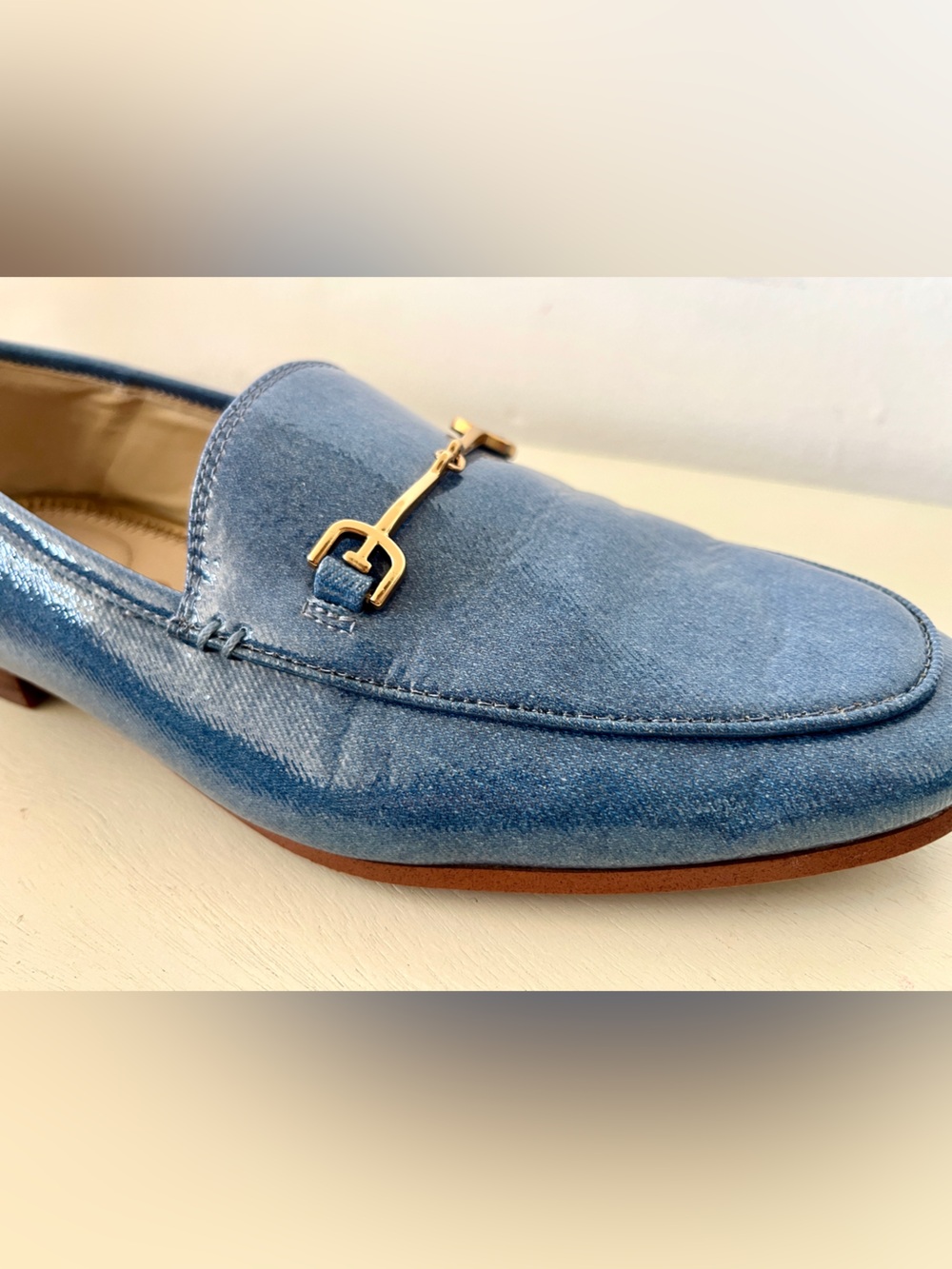 Sam Edelman Loraine Denim Blue Patent Leather Horsebit Loafers - Picture 5 of 8